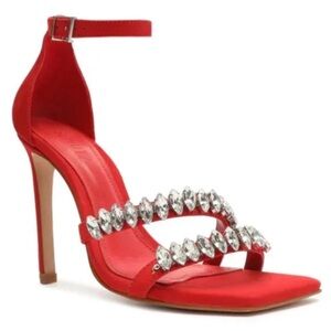 SCHUTZ Red Heeled Sandals with Silver Accents